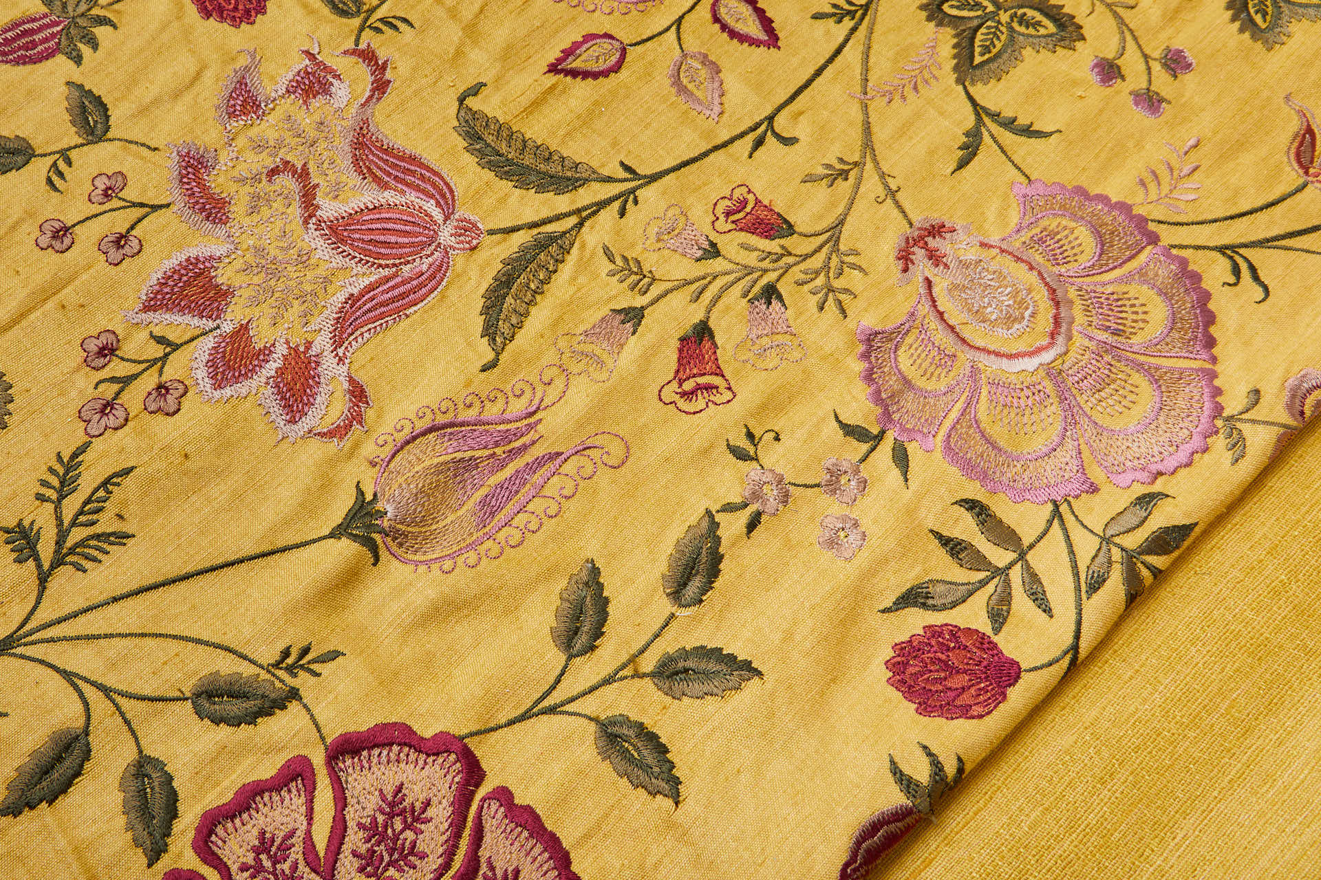 Yellow Textured Raw Silk with Floral Embroidery fabric, image 2 of 12