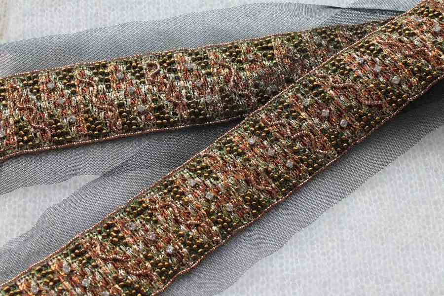 Beaded Embroidered Trim - Green, Copper and Silver