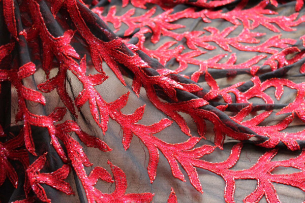 Black Chiffon with Red Beads and Sequins in a Vine Pattern fabric