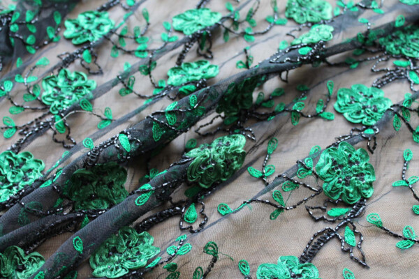 Black Tulle with Green Ribbon Flowers, Black Sequins and Bugle Beads fabric
