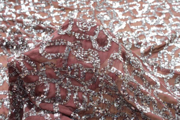 Brown Chiffon with Silver and Brown Micro Sequin Swirls fabric