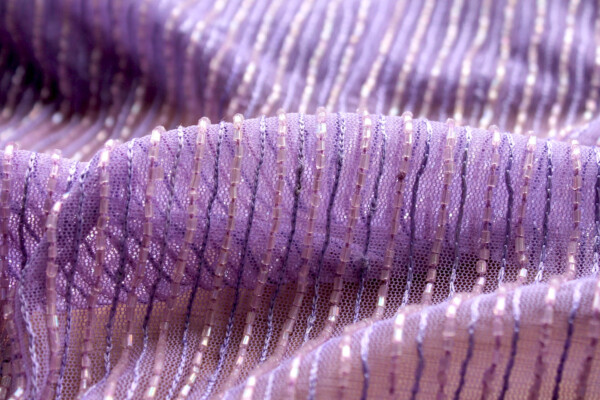 Lilac Tulle with Embroidered and Bugle Beaded Stripes fabric