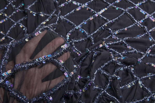 Geometric Beaded and Sequinned Black Georgette fabric