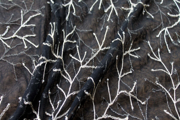 Black Tulle with Cream Twig Embroidery fabric