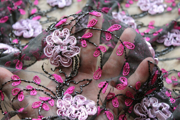 Black Tulle with Pale Lilac Ribbon Flowers, Black Beads and Pink Embroidered Leaves fabric