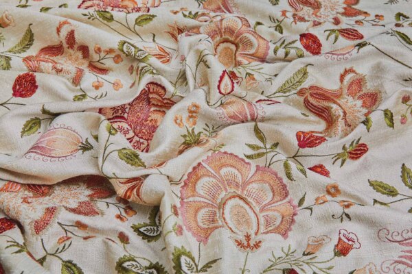 Cream Textured Raw Silk with Floral Embroidery fabric