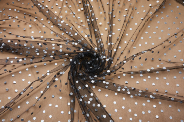 Printed Silver Polka Dots on Black Illusion Tulle