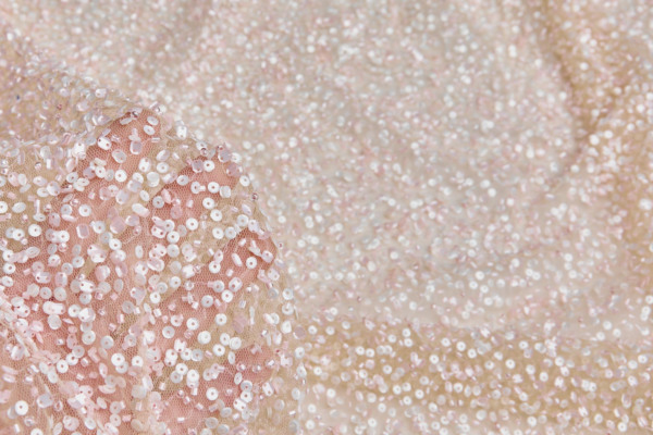 Pink and Ivory Sequins and Pink Beads on Tulle fabric