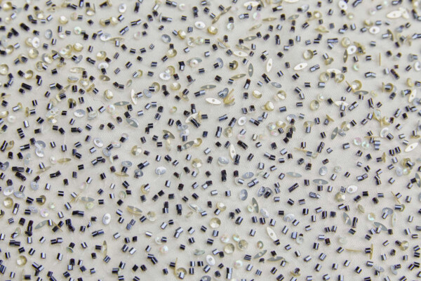 Beaded Nylon Tulle - Black Beads and Gold, Silver and Iridescent Sequins fabric