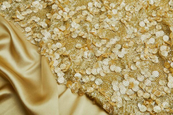 Gold Flower Sequins and Gold Beads on Lace fabric