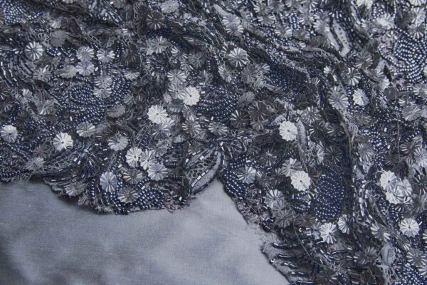 Gunmetal Flower Sequins and Gunmetal Beads on Lace fabric