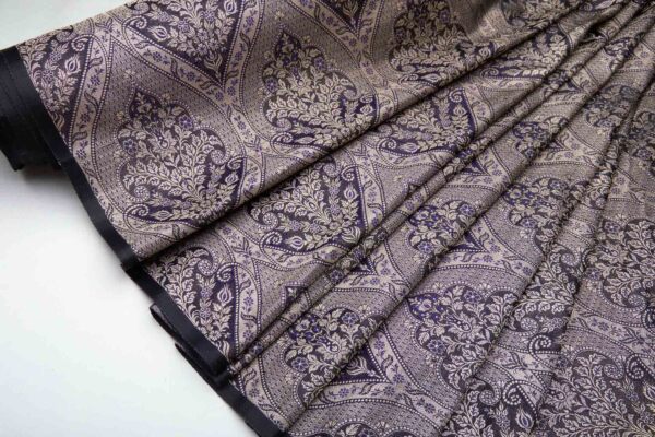 Floral Arrangement Banaras Brocade - Antique Gold, Indigo and Black fabric