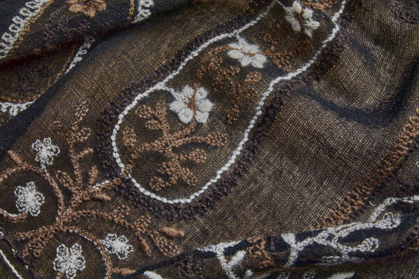 Embroidered Wool Muslin Crepe Paisley - Natural and Brown on Black fabric