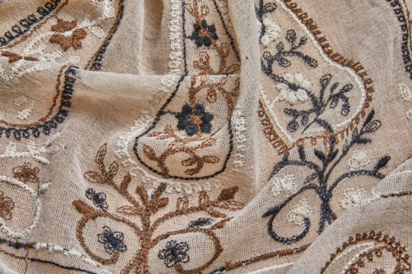 Embroidered Wool Muslin Crepe Paisley - Natural and Brown on Ecru fabric