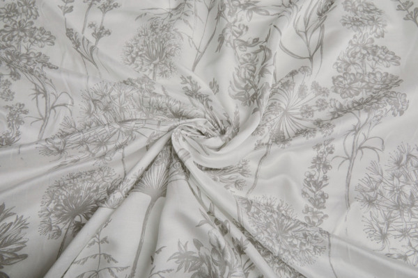 Ivory Silk Cotton Satin with Botanical Illustrations in Grey fabric
