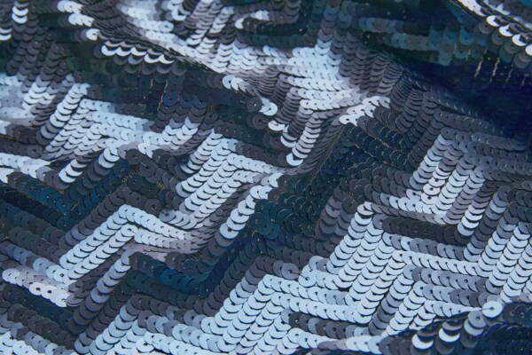 Metallic Prussian Blue Chevron Sequin on Stretch Tulle fabric
