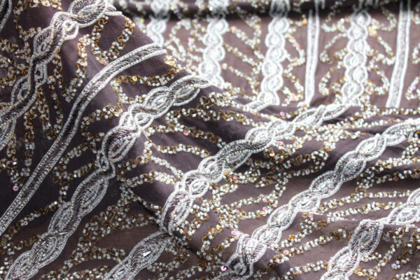 Brown Chiffon with Silver Embroidery and Beading in a Twist Plait Pattern fabric