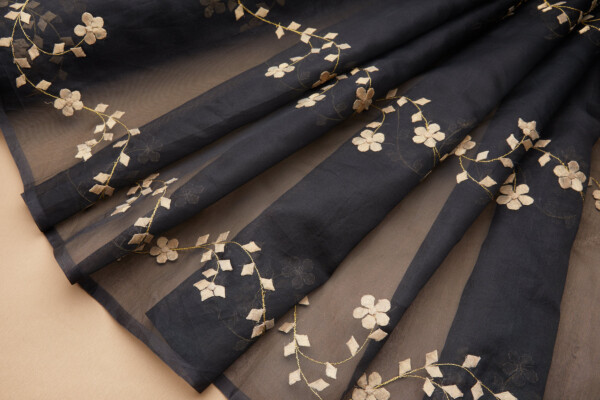 Black Silk Organza - Gold Applique Flowers fabric