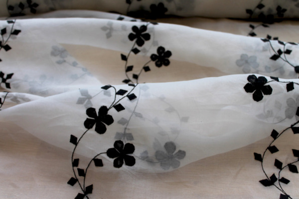 White Silk Organza - Black Applique Flowers fabric