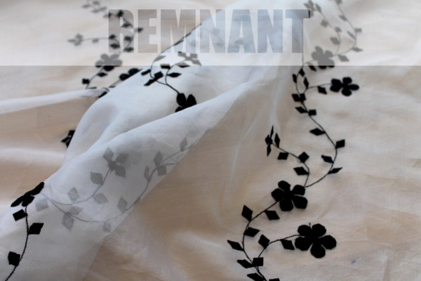 White Silk Organza - Black Applique Flowers - 0.3m Piece fabric