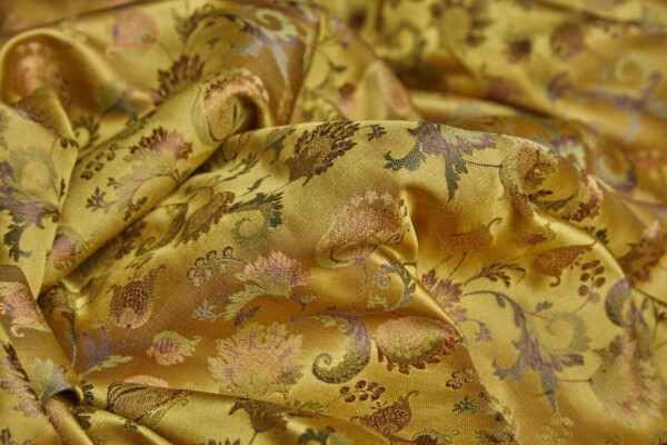 Floral Satin Brocade - Green, Brown and Orange on Yellow fabric