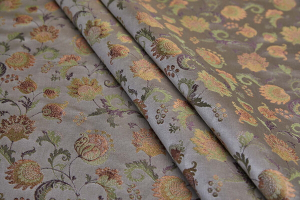Floral Satin Brocade - Green, Mauve and Orange on Oyster fabric