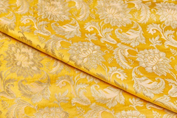 Heavy Banaras Brocade - Egg Yolk Yellow and Peach / Gold fabric