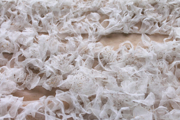 Gold Paint Flecks on Ivory Tulle Curls Applique fabric