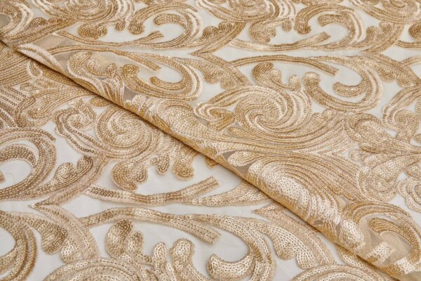 Gold Sequins Swirl Motif on Tulle fabric