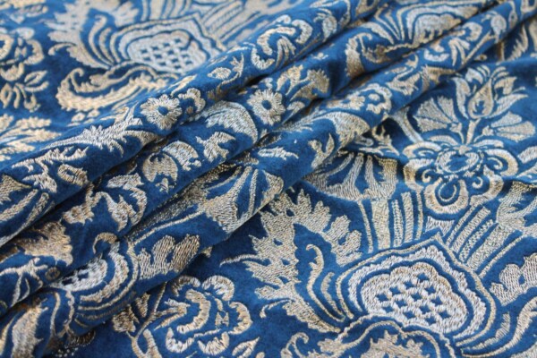 Heavy Jacquard Style Embroidery on Cotton Velvet - Gold on Teal fabric