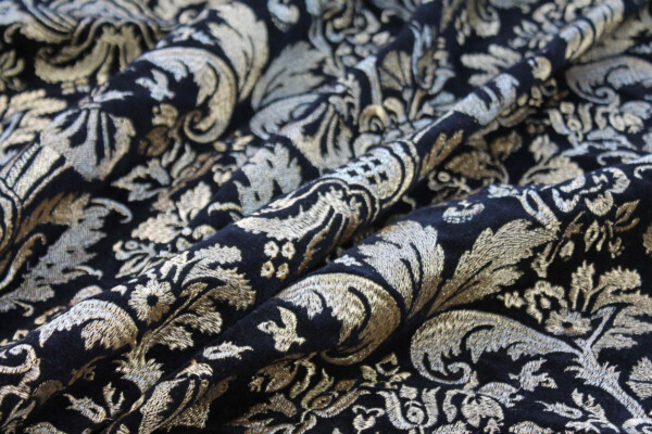 Heavy Jacquard Style Embroidery on Cotton Velvet - Gold on Black fabric