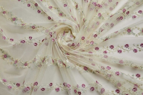 Pink Flowers and Light Green Vines in Stripes on Tulle fabric
