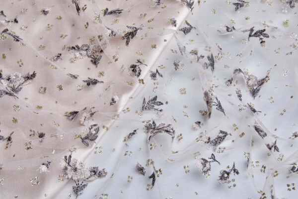 Dainty Heather and Dusky Pink Flowers on Illusion Tulle fabric