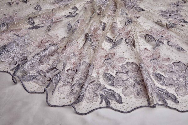 Dainty Mauve Flowers Embroidered on Gold Glitter Illusion Tulle fabric