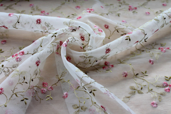 Dainty Pink Floral Embroidery on Ivory Organza fabric
