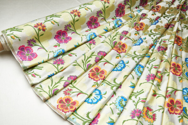 Heavy Banaras Brocade - Blues, Reds, Pinks and Gold on Ivory fabric