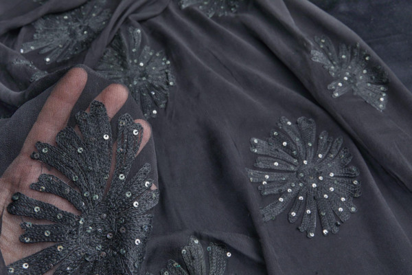 Black Chiffon with Large Embroidered Black Flowers fabric