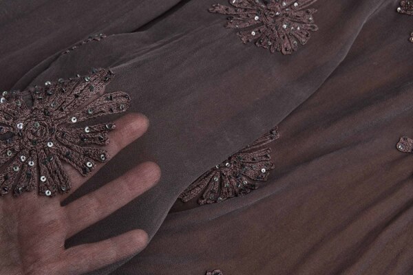 Dark Brown Chiffon with Large Embroidered Flowers fabric