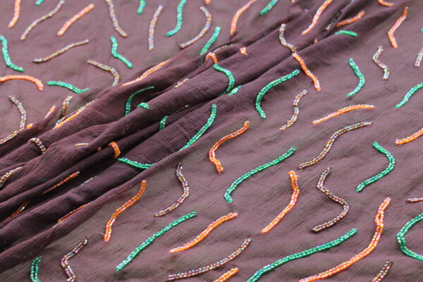 Brown Chiffon with Orange, Green and Brown Beads fabric