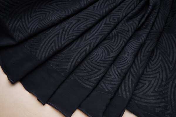 Black Zig-Zag Geometric Fractals Embroidery on Black Crepe