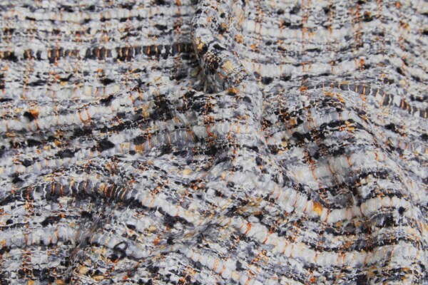 Chunky Tweedy Check Chenille - Light and Dark Grey, Orange and Yellow fabric