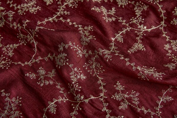 Delicate Gold Thread and Sequin Embroidery on Wine Red Silk Tassar / Tussah