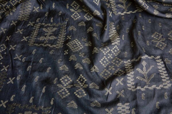Border Style Kutch Embroidery on Navy Silk Tassar / Tussah