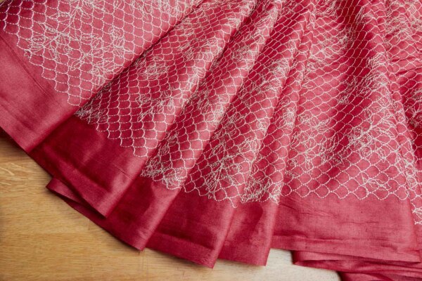 Scales and Flowers Embroidery in Berry Red Silk Tassar / Tussah
