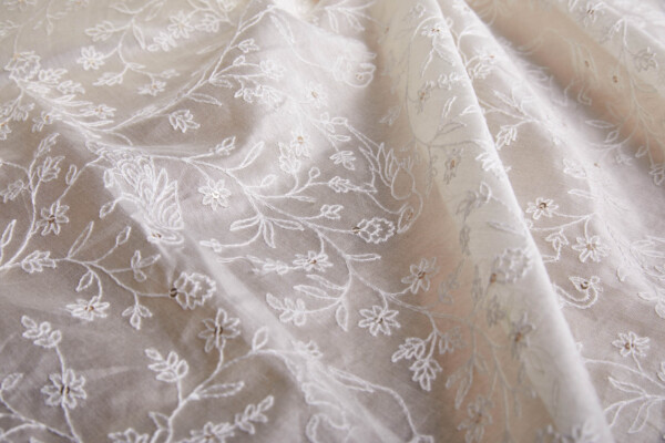 Off White Delicate Floral Embroidery with Gold Sequins on Ivory Silk Tassar 