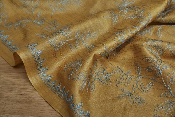 Embroidery on Silk Tassar - Mint Floral on Mustard Yellow fabric