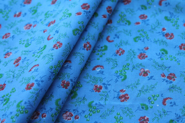 Vintage Printed Cotton - Red, Blue and Green on Mid Blue fabric