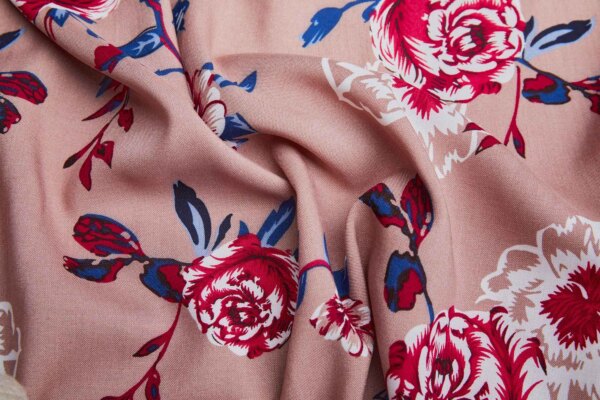 Floral Printed Soft Viscose - Rosy Brown w/ Reds, Blues and Black fabric