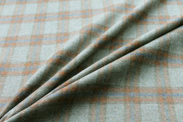 Wool Tartan - Olive Green, Orange and Blue fabric