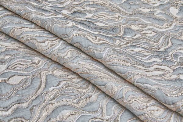 Textured "Marble" Brocade - Pale Blue Grey, Ivory / Rose Gold Metallic fabric